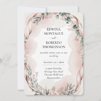 Heritage Blush Ribbon Watercolor Botanical Wedding Invitation
