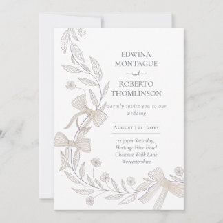 Heritage Botanical Ribbon Bow Elegant Neutral Wedd Invitation