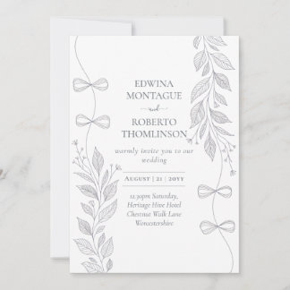 Heritage Botanical Ribbon Line Art Elegant Wedding Invitation