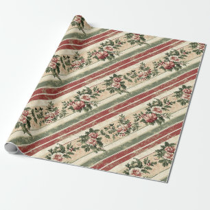 Heritage Christmas Red Floral Greenery Stripe Wrapping Paper