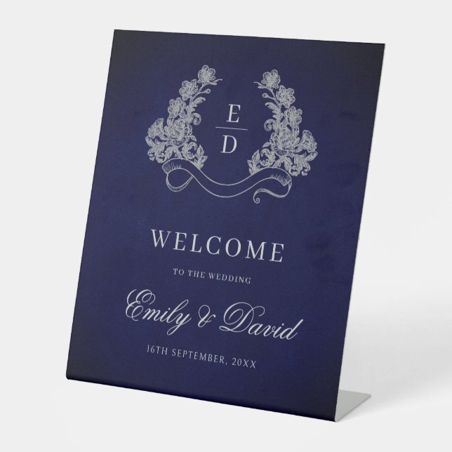 Heritage Crest Monogram Wedding Welcome Pedestal Sign (Front)