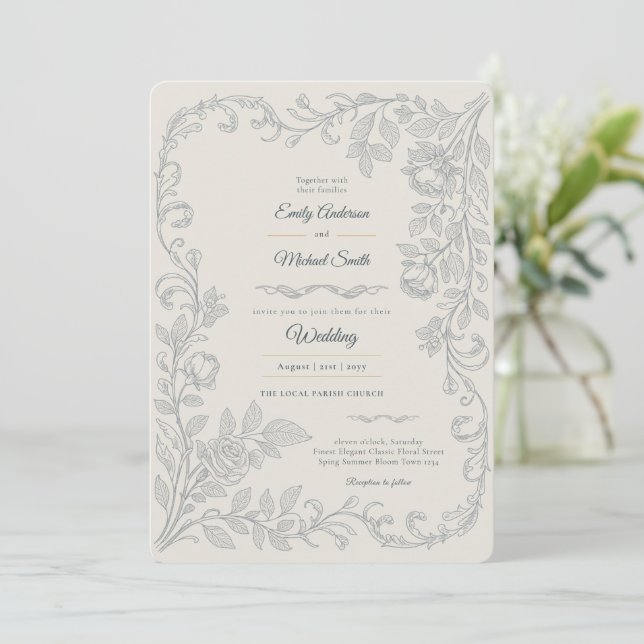 Heritage | Edwardian Silver Grey Floral Wedding Invitation (Standing Front)
