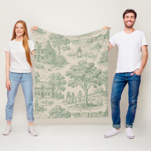 Heritage Farm Toile in Sage Green and Blue Fleece Blanket