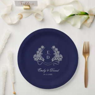 Heritage Floral Crest Navy Monogram Wedding Paper Plate