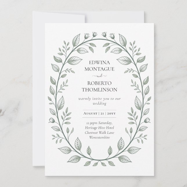 Heritage Green Leaf Botanical Classic Wedding Invitation (Front)