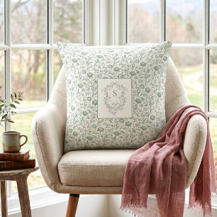 Heritage Luxury Sage French Toile Monogram Crest Cushion