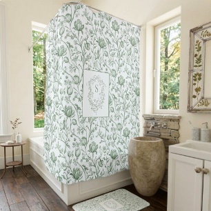 Heritage Luxury Sage French Toile Monogram Crest Shower Curtain