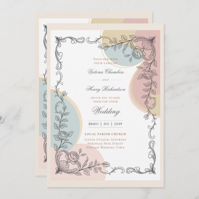 Heritage | Mid-Century Pastel Botanical Wedding Invitation (Front/Back)