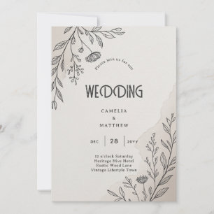 Heritage Minimal Floral Line Art Modern Wedding Invitation