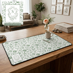 Heritage Sage French Toile Monogram Crest Desk Mat