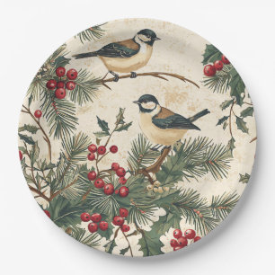 Heritage Songbird Holly Christmas Cream Woodland Paper Plate