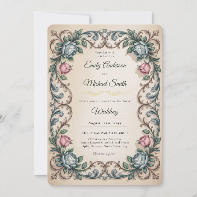 Heritage | Victorian Rococo Rose Blue Elegance Invitation (Front)