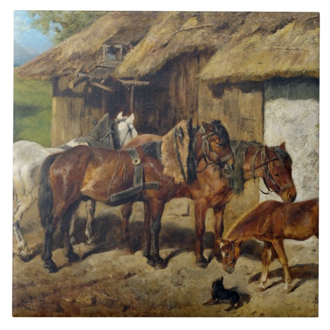 Hermine Biedermann Harnessed Horses at the Stab Ceramic Tile (Front)