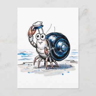 Hermit Crab Waving Cheerfully in Marine Ink Illust Postcard