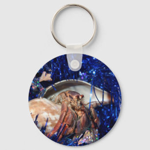 Hermit crab with blue Christmas Holiday tinsel Key Ring