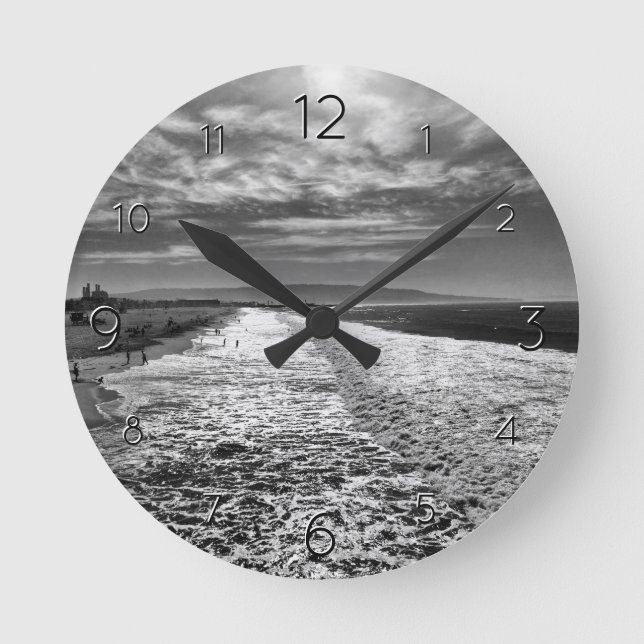 Hermosa Beach, black and white photo Round Clock (Front)