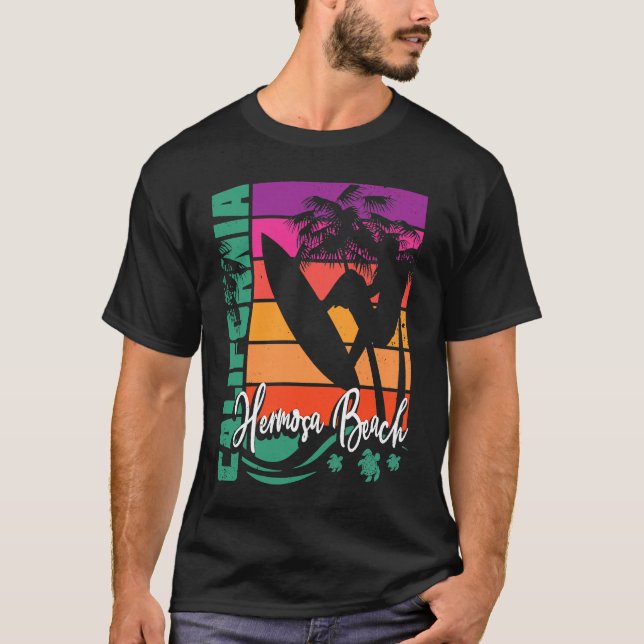 Hermosa Beach California Retro Sunset Beach Surfer T-Shirt (Front)