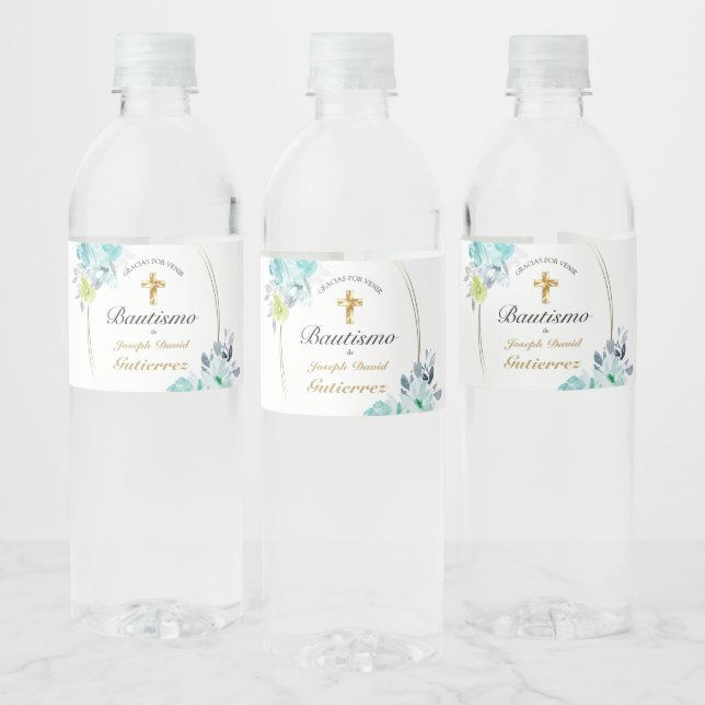 HERMOSO BAUTIZO BEBÉ CRUZADO DE ORO FLORAL AZUL  WATER BOTTLE LABEL (Bottles)