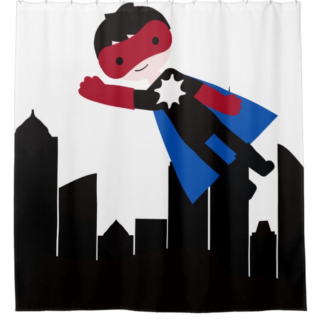 Hero Boy in City With Skyscrapers Shower Curtain (Front)