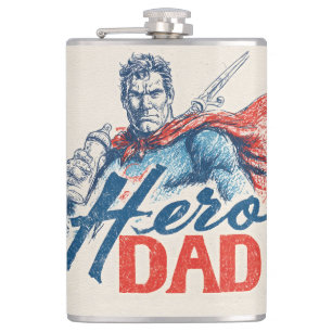 "Hero Dad" Superhero Illustration with Baby Bottle Hip Flask