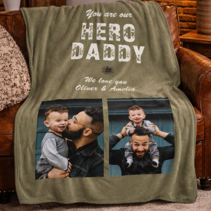 Hero Daddy Father`s Day 2 Photo Collage Fleece Blanket