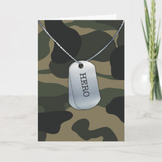 “Hero” Dog Tags On Camouflage Background Military Card