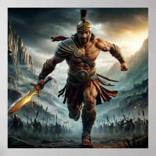 Heroic Bronze Epic Warrior Charging Digital Art Poster