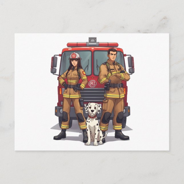 Heroic Firefighter Duo and Dalmatian Postcard (Front)