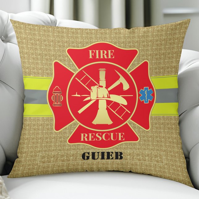 Heroic Firefighter Maltese Cross Design Cushion (Firefighter Fire Rescue Bunker Turnout Gear Custom Throw Pillow)