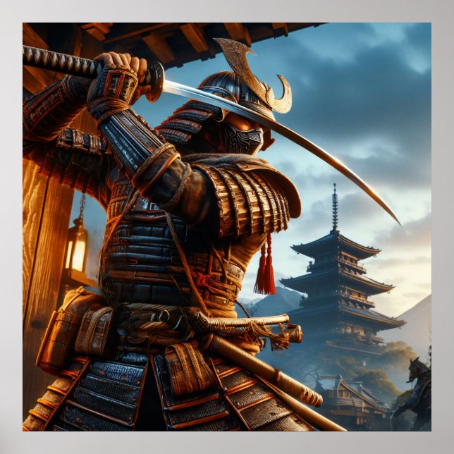 Heroic Golden Epic Samurai Warrior Digital Art Poster (Front)