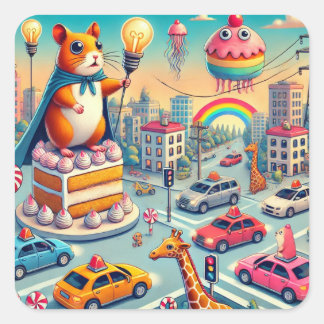 Heroic Hamster on Cake in Fantasy City Square Sticker