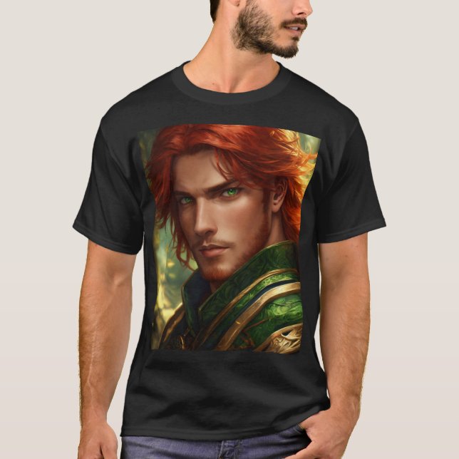 Heroic Red-Haired Swordsman Fantasy T-Shirt (Front)