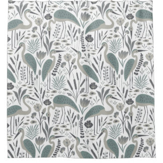 Heron and Swamp Plants Grey Monochrome Shower Curtain