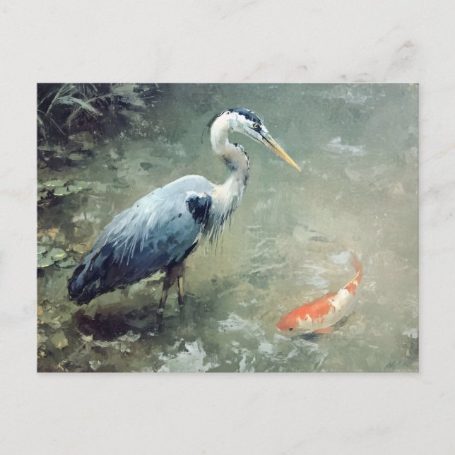 Heron and Vibrant Koi Fish Postcard (Front)