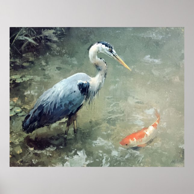 Heron and Vibrant Koi Fish Poster (Front)