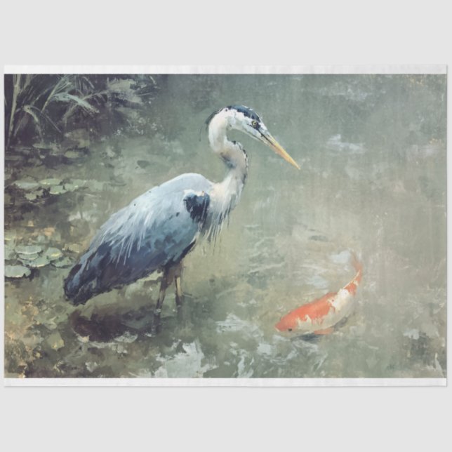 Heron and Vibrant Koi Fish Tissue Paper (Front)