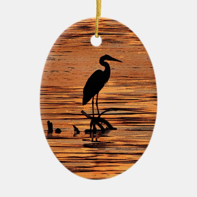 Heron at Sunset Ceramic Tree Decoration (Front)