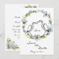 Heron Bird Couple and Flower Wreath Save the Date