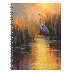 Heron Golden Sunset Marsh Reflection Art Notebook