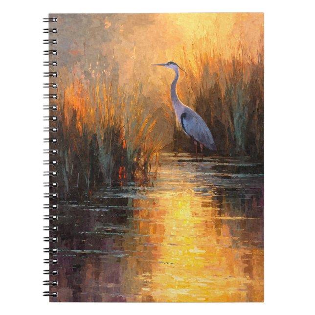 Heron Golden Sunset Marsh Reflection Art Notebook (Front)