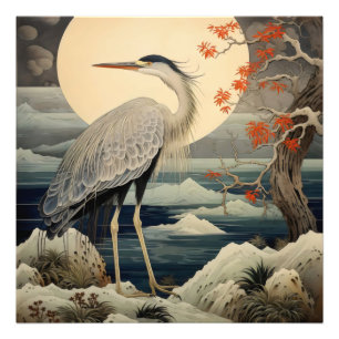 Heron in Night Ukiyo-e Japanese Art Photo Print