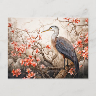 Heron in red foliage pond illustration holiday postcard