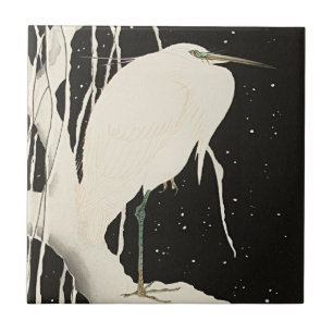 Heron in Snow – Vintage Japanese Masterpiece on Ceramic Tile