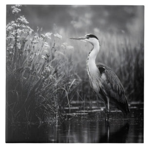 Heron in the Marsh Black and White Ceramic Tile