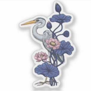 Heron in the Pink Lotus Garden on delpht blue