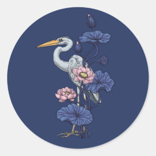 Heron in the Pink Lotus Garden on delpht blue Classic Round Sticker