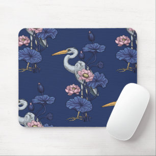 Heron in the Pink Lotus Garden on delpht blue Mouse Pad