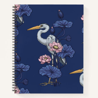Heron in the Pink Lotus Garden on delpht blue Notebook