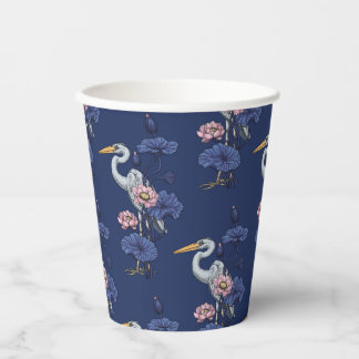 Heron in the Pink Lotus Garden on delpht blue Paper Cups