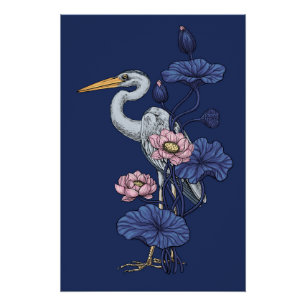 Heron in the Pink Lotus Garden on delpht blue Poster